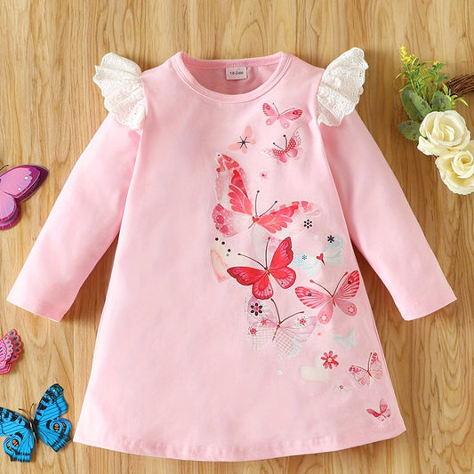 Girls' Butterfly Graphic Long Sleeve Dress For Party Going Out