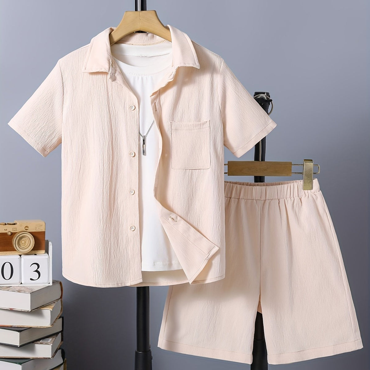 Boys 2pcs Button Down Shirt & Shorts Set Solid Textured Top Casual Kids Clothes