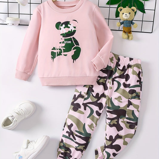 Girl's Bear Camo Sweatshirt & Sweatpants Set for Spring Fall