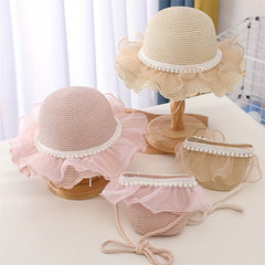 Girls Lace Straw Hat & Handbags Set Sun Protection