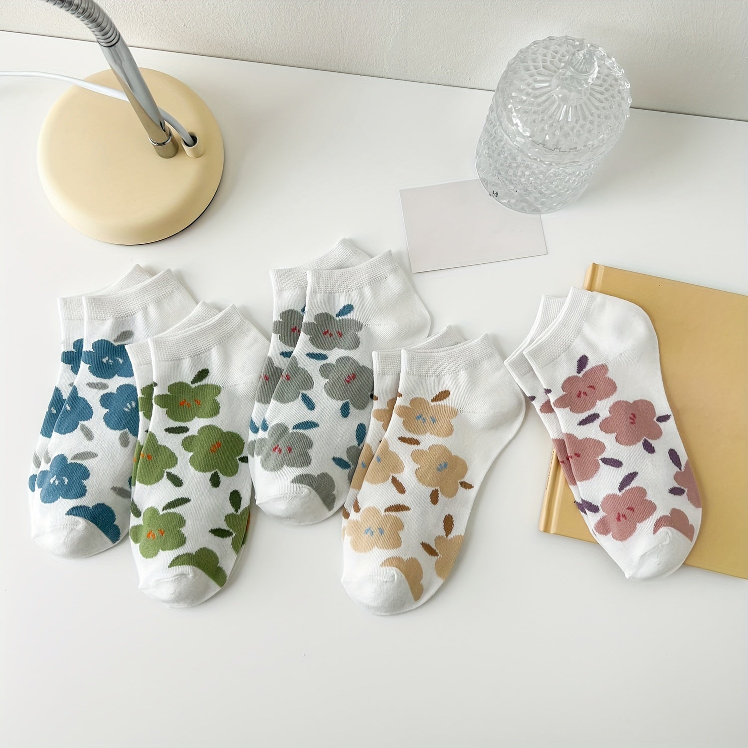 5 Pairs Floral Print Socks Low Cut Ankle Stockings