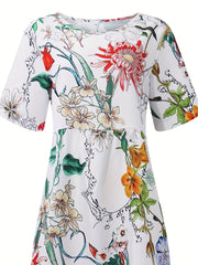 Floral Print Round Neck Dress Casual Pocket Short Sleeve Beach