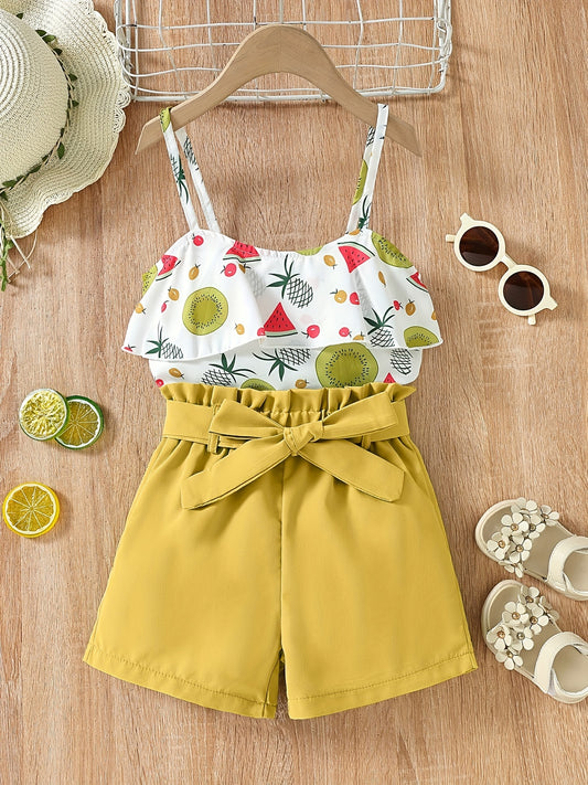 Girls Fruit Print Ruffle Cami Tops And Shorts Set