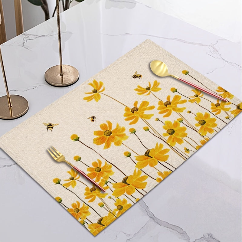 Yellow Flower Bee Placemat 16.53x12.5 Linen Scene Decor