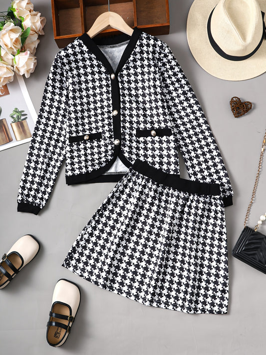 Girls V-neck Cardigan & Skirt 2pcs Houndstooth Casual Kids Clothes
