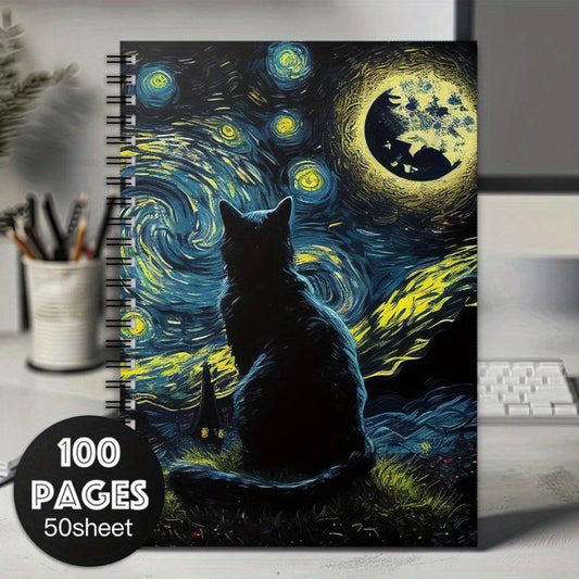 Cat Spiral Notebook Starry Night 100 Pages Journal Office School Supplies