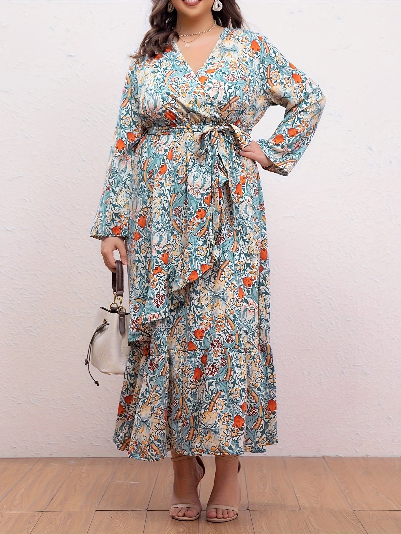 Women's Plus Floral Print Maxi Dress With Ruffle Trim