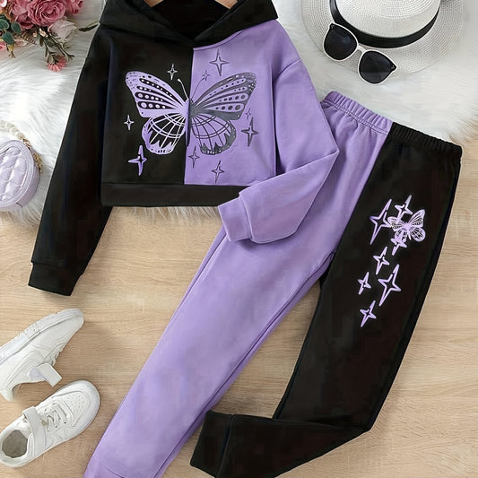 Glitter Butterfly Print Girl's 2pcs Hoodie & Sweatpants Set