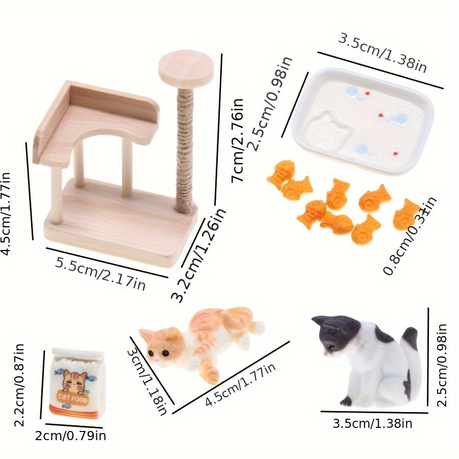 Wooden Cat Tree Dollhouse Accessory Set with Feeding Station & Decorative Items