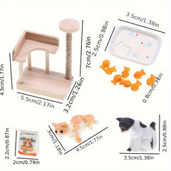 Wooden Cat Tree Dollhouse Accessory Set with Feeding Station & Decorative Items
