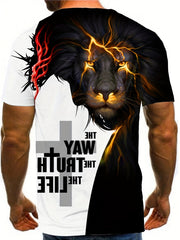 Men's 3D Lion & Cross Graphic Print T-shirt - Casual Crew Neck Tee