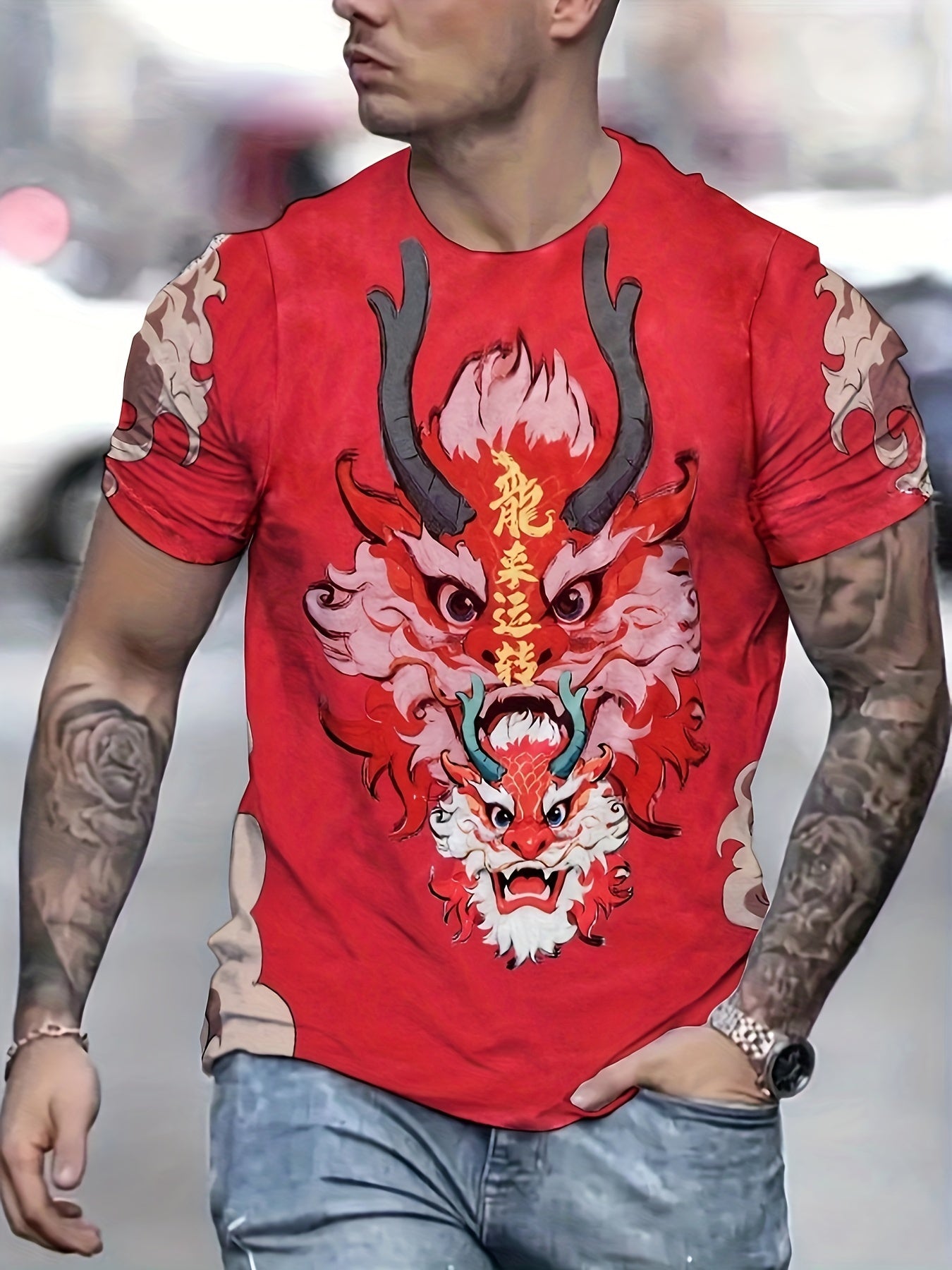 Dragon Print T shirt Men's Street Style Round Neck Tee Shirt For Summer