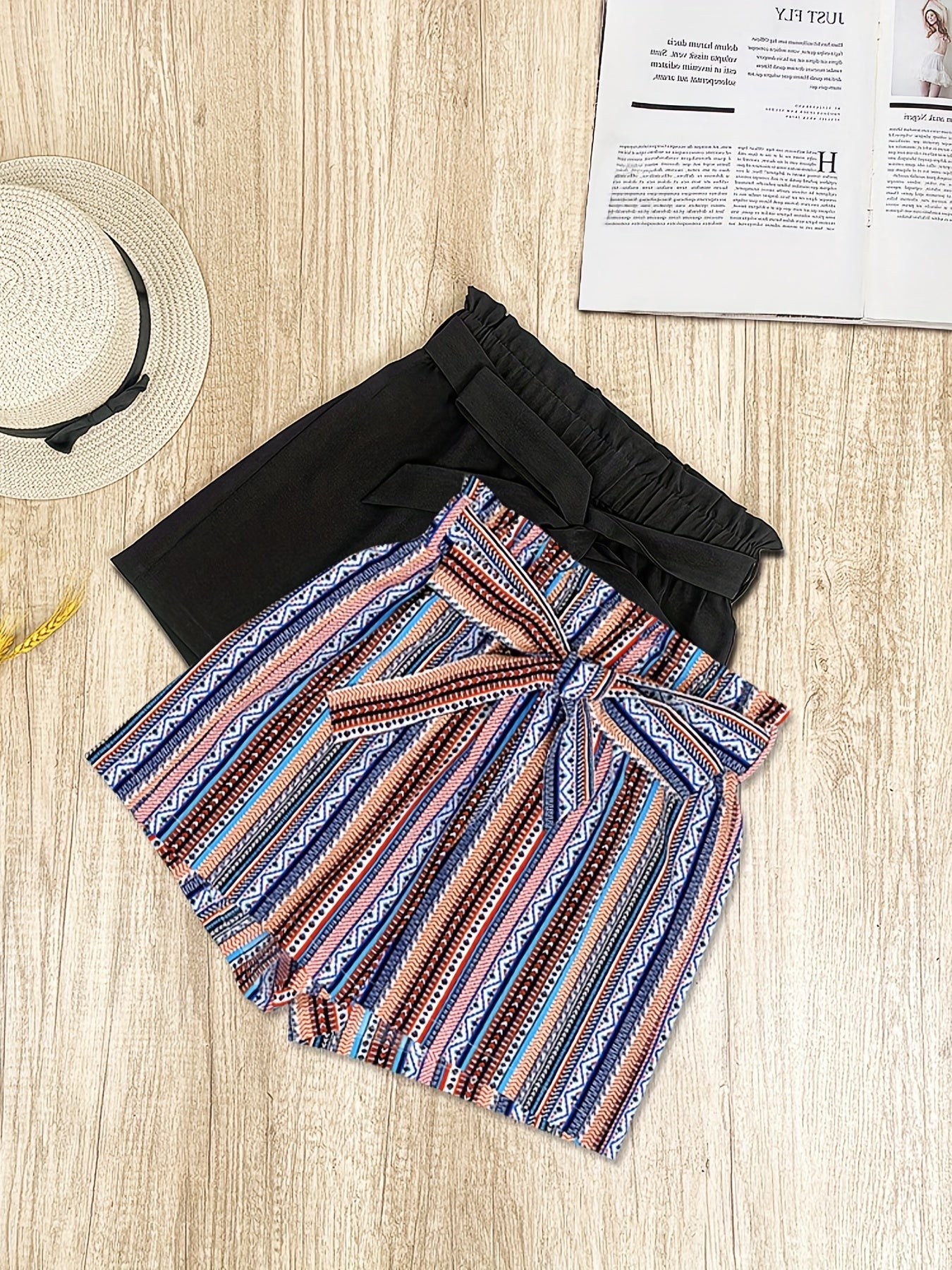2 Pack Women's Casual Shorts: Solid Elastic & Polka Dot Tie Waist