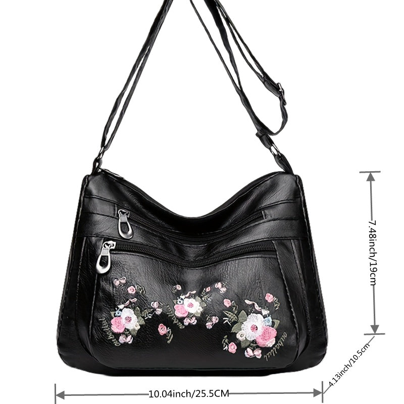 Embroidered Floral Crossbody Bag Adjustable Strap Zipper Closure