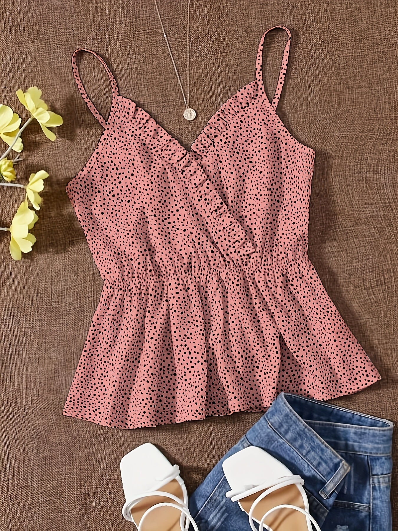 Polka Dot Ruffle Trim Cami Top V Neck Spaghetti Strap