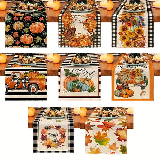 Vintage Pumpkin Pattern Linen Table Runner for Thanksgiving and Fall Decor