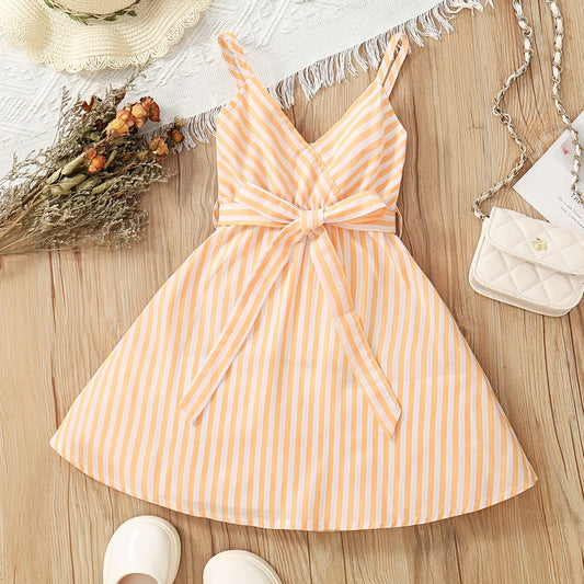 Girls Striped V-Neck Dress With Belt