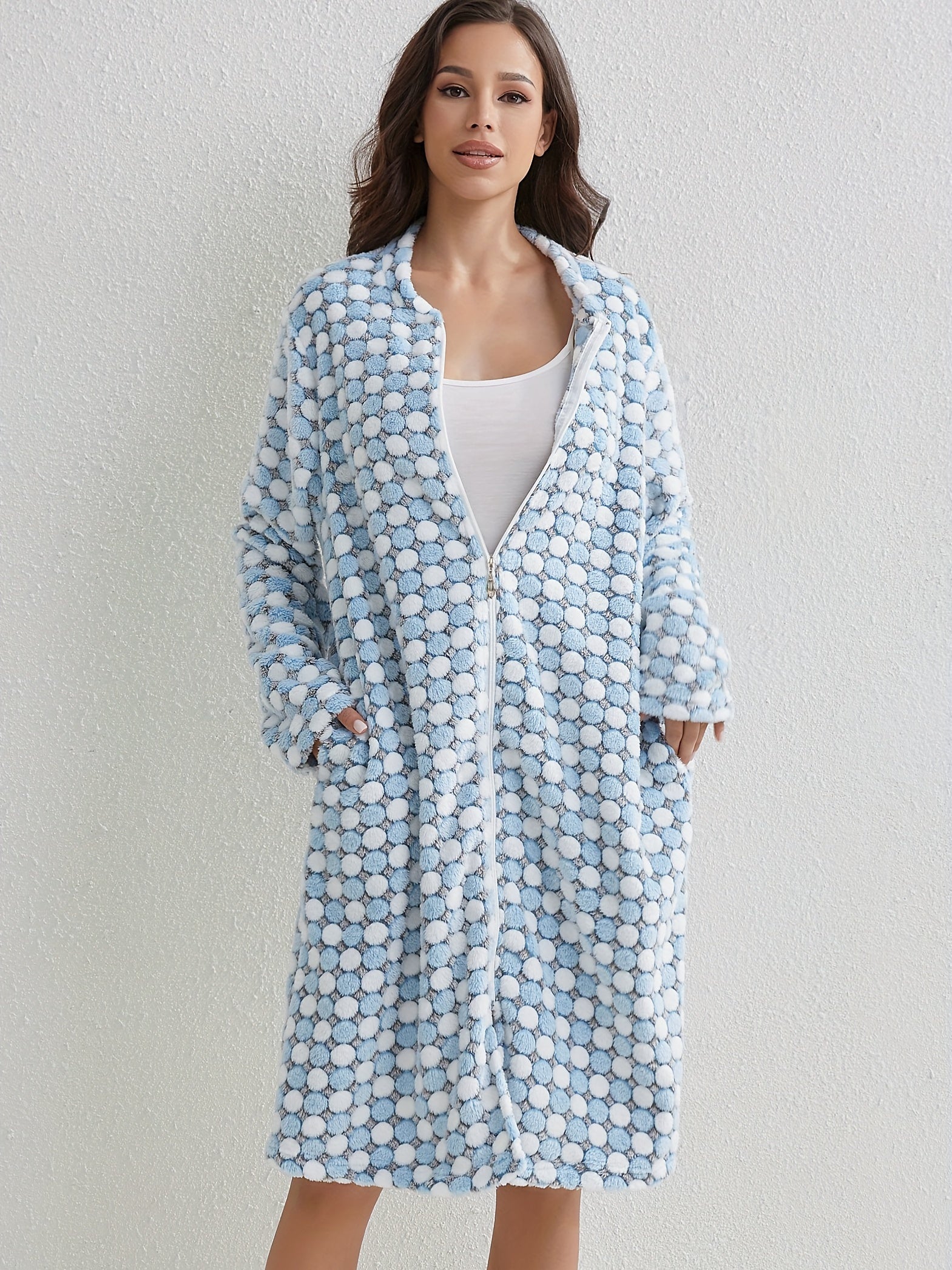 Polka Dot Flannel Night Robe Casual Zipper Sleepwear