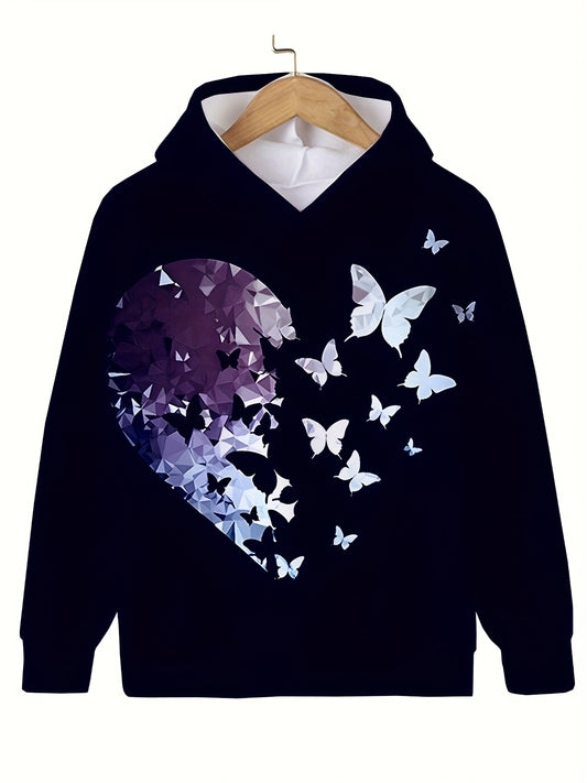 Heart Butterfly Graphic Hooded Sweatshirt Girls Pullover Hoodies