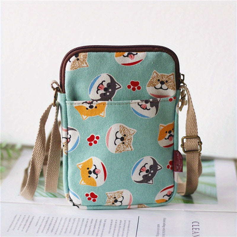 Cartoon Animal Print Phone Bag Lightweight Portable Canvas Crossbody Bag