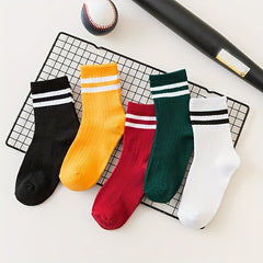 10 Pairs Stripe Print Socks Comfy & Soft Mid Tube Women's Stockings