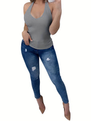 Solid Skinny V Neck Halter Top Casual Backless Halter Top