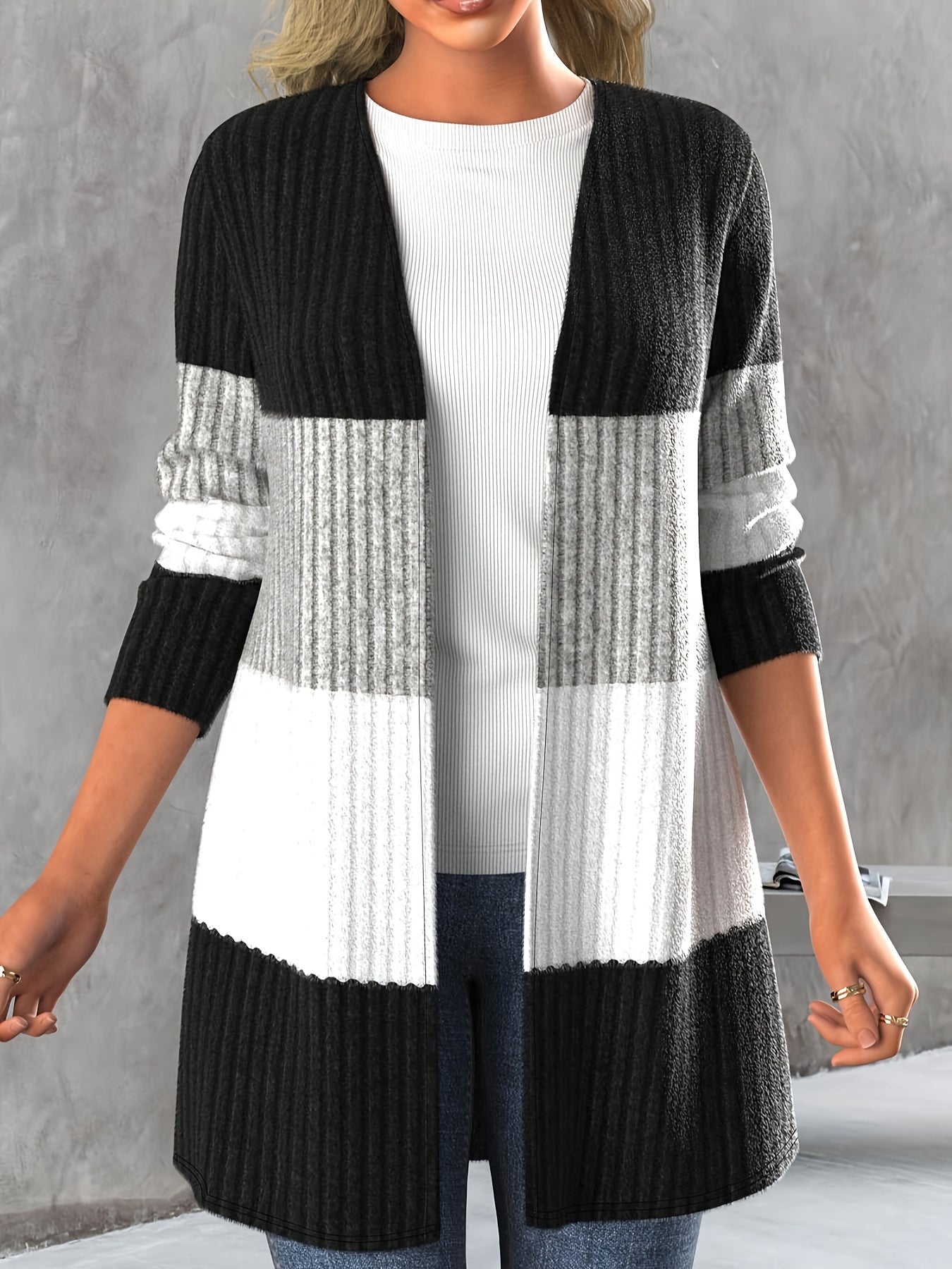  Colorblock Long Sleeve Open Front Cardigan