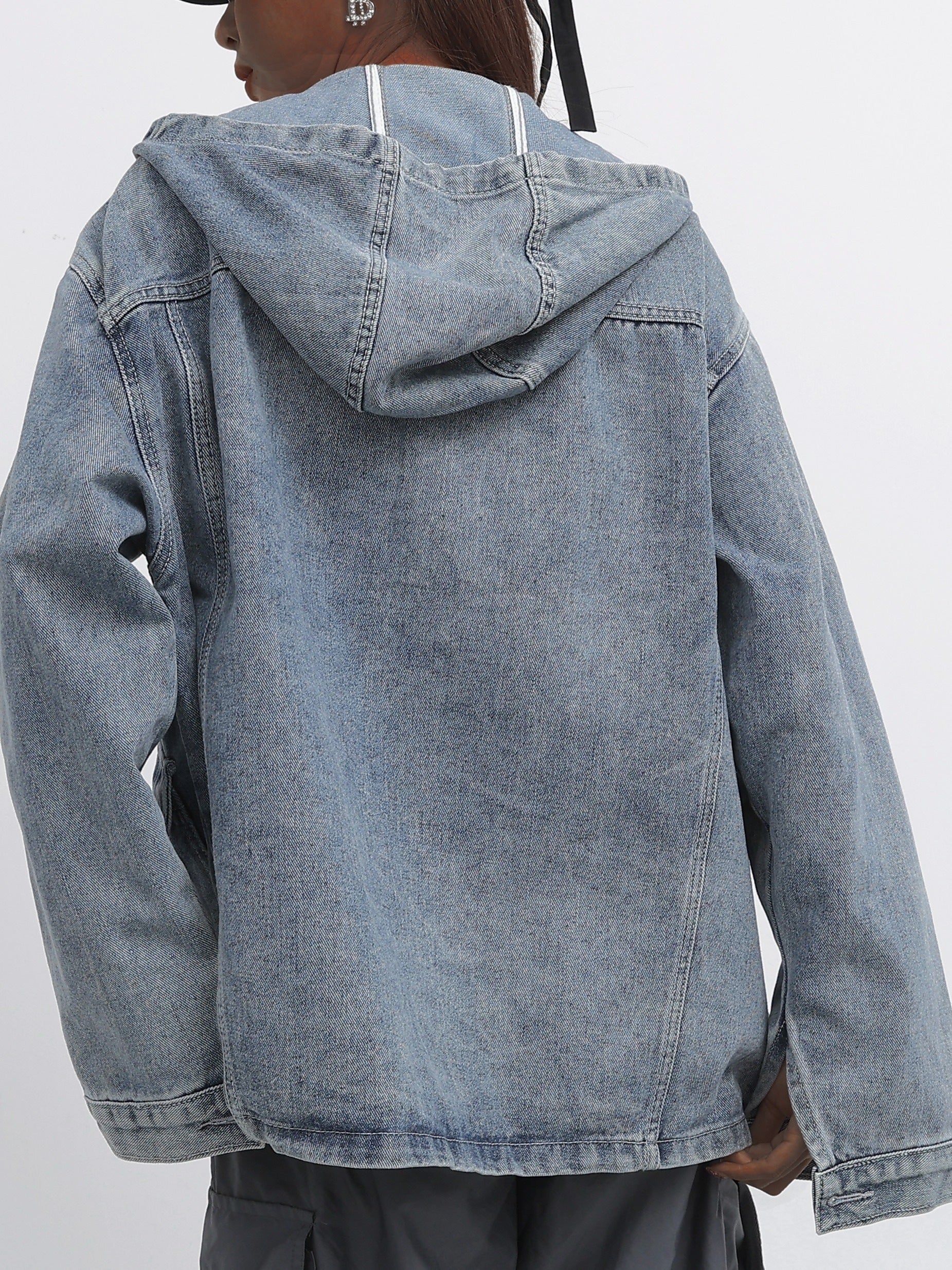  Casual Denim Top Solid Hooded Drawstring Jacket
