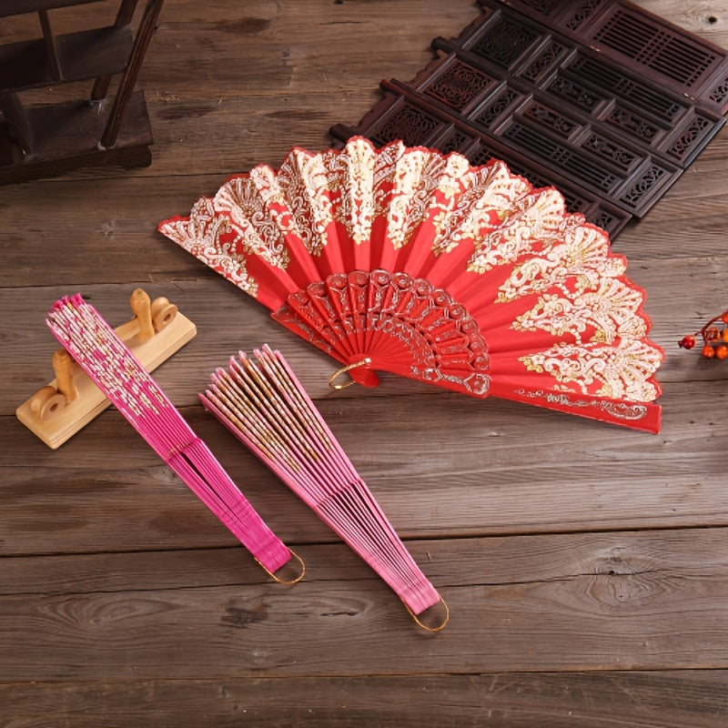 Chinese Floral Pattern Handheld Folding Fan Golden Fan Plastic Bone Portable