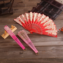 Chinese Floral Pattern Handheld Folding Fan Golden Fan Plastic Bone Portable
