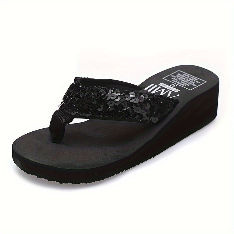 Sequin Thick Sole Wedge Sandals Non Slip Summer Thong Sandals