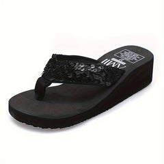 Sequin Thick Sole Wedge Sandals Non Slip Summer Thong Sandals