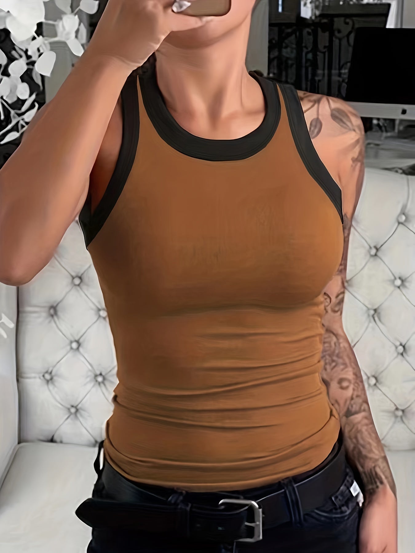  Colorblock Tank Top Round Neck Stretchy Skinny Tank Top