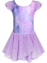Girls Solid Ruffle Trim Ballet Leotard Dress Short Sleeve Dance Performance Gift