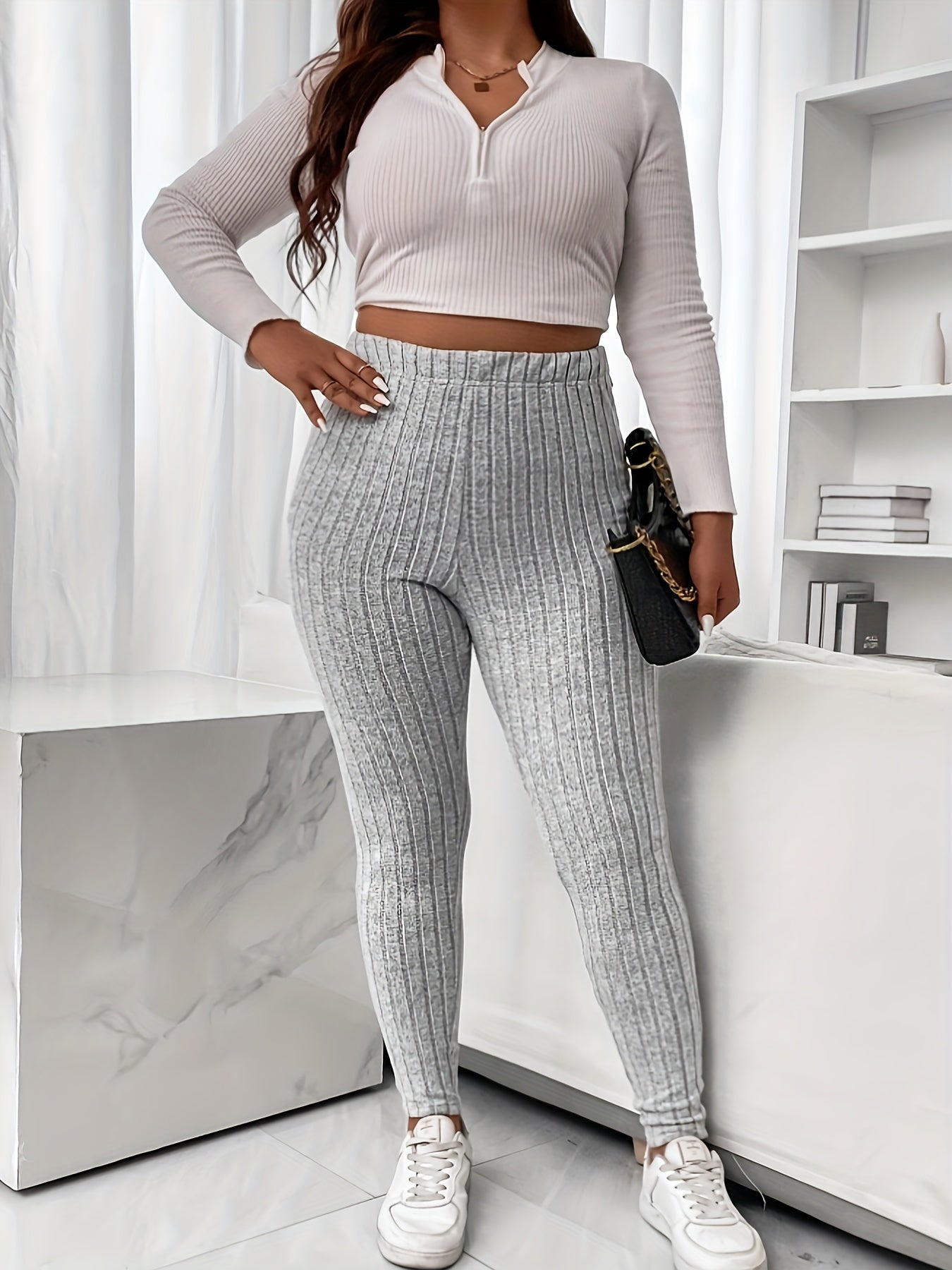  Solid Ribbed High Rise Stretch Skinny Trousers