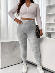  Solid Ribbed High Rise Stretch Skinny Trousers