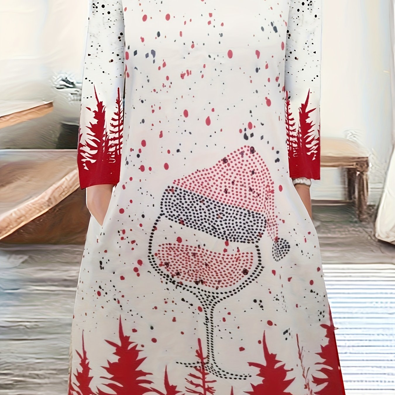 Women's Plus Christmas Dress with Hat & Tree Print