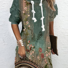  Floral Geometric Print Drawstring Hooded Maxi Dress