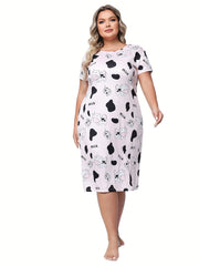 Women's Plus Cow Print Short Sleeve Round Neck High Stretch Sleep Dress