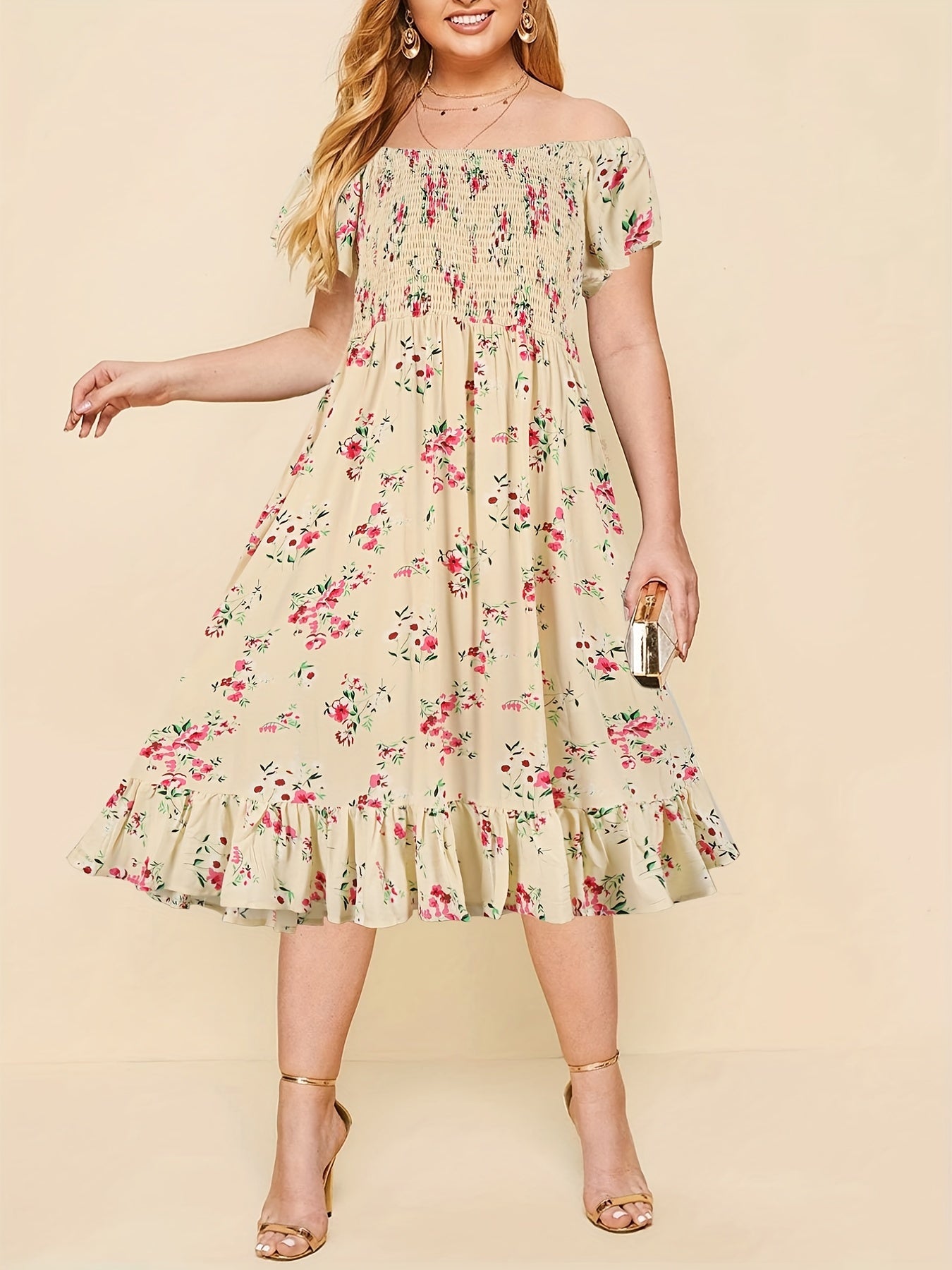 Floral Print Off Shoulder Ruffle Trim Midi Dress Plus Size