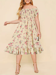 Floral Print Off Shoulder Ruffle Trim Midi Dress Plus Size
