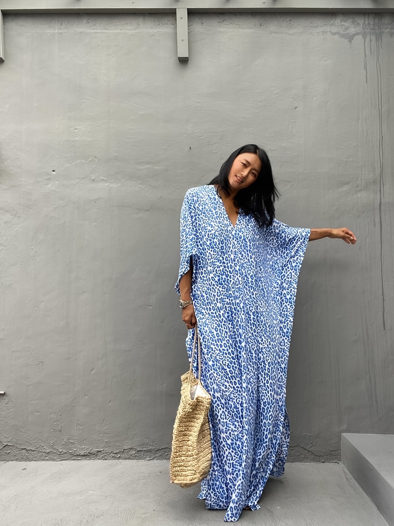  Leopard Print Bat Sleeve Beach Cover Up Dress