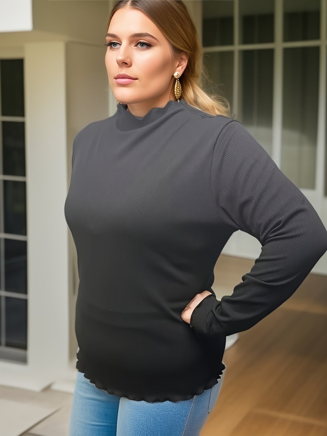  Solid Long Sleeve High Neck Knit Top