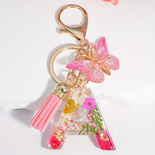 Initial Letter Keychain Dried Flower Butterfly Charm Gift