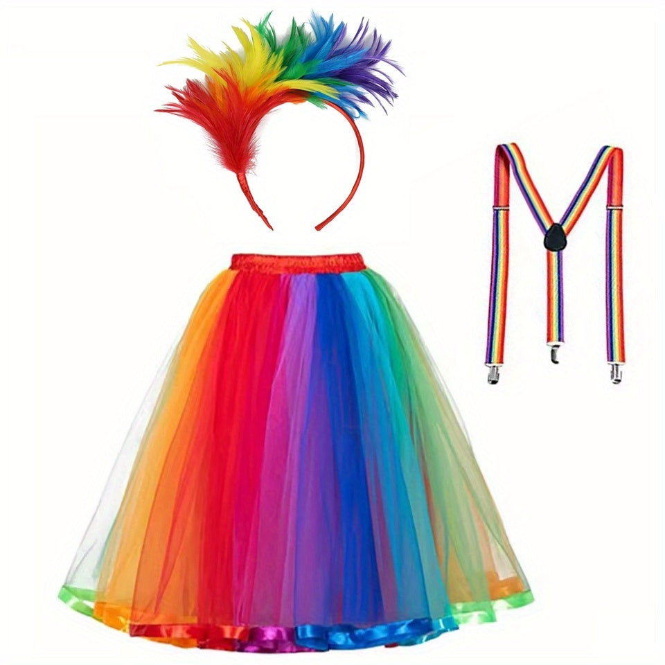 Rainbow Feather Headband Suspender Cuffs Socks Skirt Accessories Set 3p