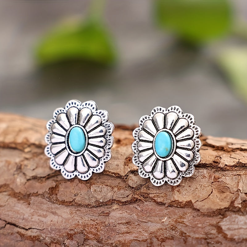 Silvery Flower Oval Turquoise Stud Earrings Retro Style Jewelry