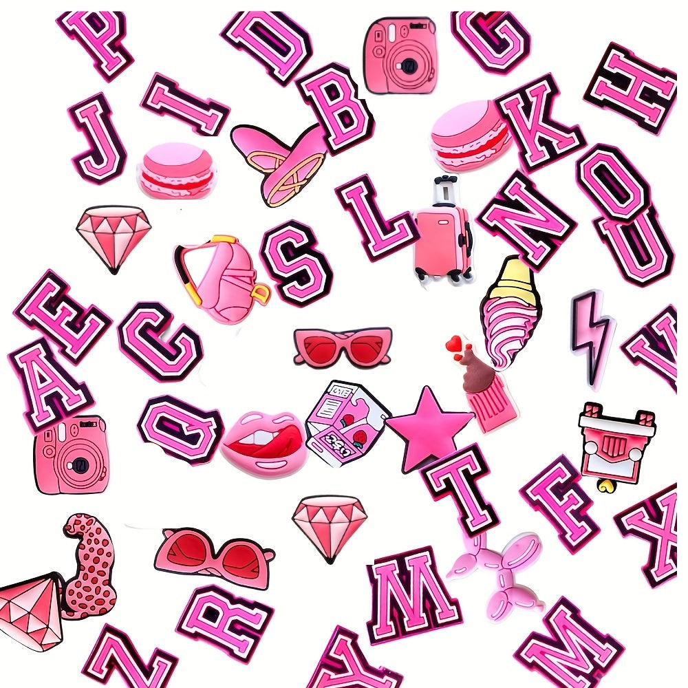 47pcs Pink Alphabet Numbers Shoe Charms For Crocs Pink Preppy A Letters