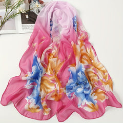 Large Flower Print Chiffon Scarf Gradient Silk Thin Shawl Hijab