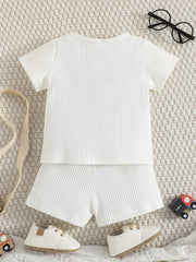 Striped Bear Print Short Sleeve Tee & Shorts Boy's Set