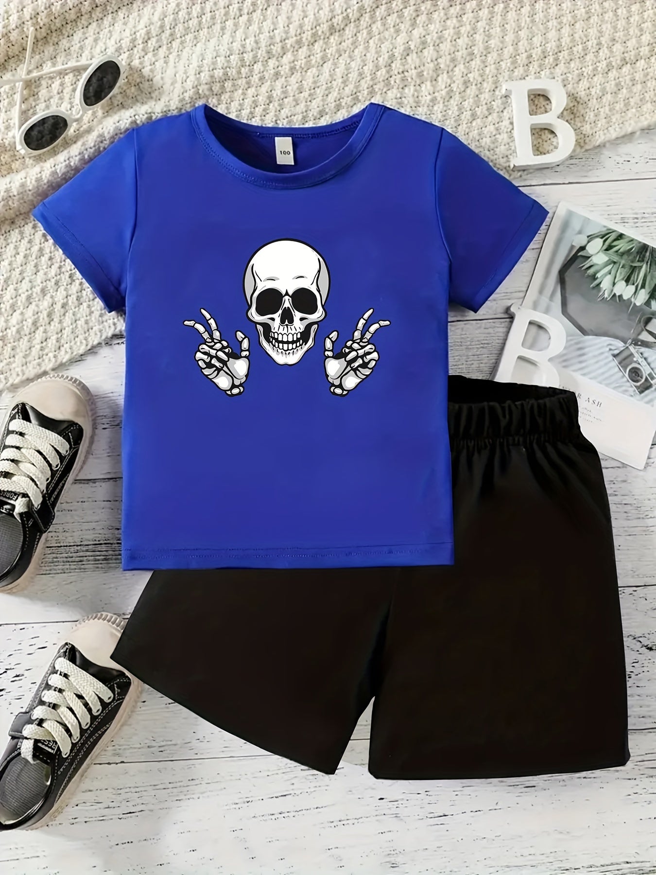 Boy's Happy Skull Print 2pcs Set: T-shirt & Shorts